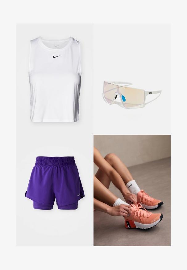 Hvid ærmeløs sports tanktop lavet af glat stof, med rund halsudskæring og et lille sort Nike logo på brystet.; Lilla dobbeltlag løbeshorts med elastisk talje og lille sølvfarvet Nike swoosh nederst til venstre.; Letvægts pink sportsko med tekstureret stof, fremtrædende snørebånd og gummisål. Afsluttet med en kontrasterende sort og hvid logo detalje.; Hvide ramme-solbriller med store, gradienslinser, der har en pink til lys orange tone, fremhævet af et blåt næsestykke og logo detajer.