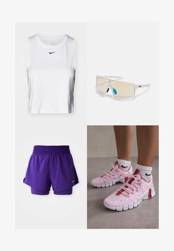 Hvid ærmeløs sports tanktop lavet af glat stof, med rund halsudskæring og et lille sort Nike logo på brystet.; Lilla dobbeltlag løbeshorts med elastisk talje og lille sølvfarvet Nike swoosh nederst til venstre.; Lyserøde sneakers med en åndbar mesh-overdel, røde detaljer og en struktureret hvid gummisål. Bemærkelsesværdige funktioner inkluderer justerbare snørebånd.; Hvide ramme-solbriller med store, gradienslinser, der har en pink til lys orange tone, fremhævet af et blåt næsestykke og logo detajer.