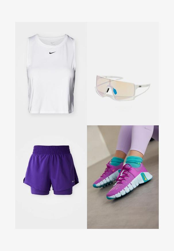 Valkoinen hihaton urheilu toppi, joka on valmistettu sileästä kankaasta. Topissa on pyöreä kaula-aukko ja pieni musta Nike-logo rinnassa.; Violetti kaksikerroksinen juoksushortsit, joissa on joustava vyötärö ja pieni hopeinen Nike-logomerkki vasemmassa alakulmassa.; Nike Performance Treenikenkä - hyper violet/laser orange/glacier blue/dusty cactus; Valkoiset kehykset aurinkolasit, joissa on suuret, gradienttilinssit, joissa on vaaleanpunainen ja vaalea oranssi sävy. Lasien yksityiskohtia korostaa sininen nenäosa ja logo.