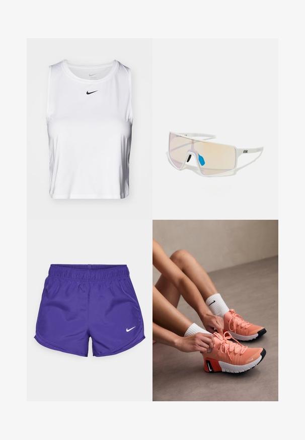 Bílé sportovní tílko bez rukávů vyrobené z hladkého materiálu, s kulatým výstřihem a malým černým logem Nike na hrudi.; Fialové sportovní šortky vyrobené z hladké tkaniny, s elastickým pasem a bílým logem Nike na dolní pravé straně.; Lehké růžové sportovní boty s texturovanou tkaninou, výraznými šňůrkami a gumovými podrážkami. Dokončeno kontrastním detailem loga v černé a bílé barvě.; Sluneční brýle s bílým rámem a velkými gradientovými skly, která mají přechod od růžové k světlé oranžové barvě, doplněné modrým nosníkem a detailem loga.