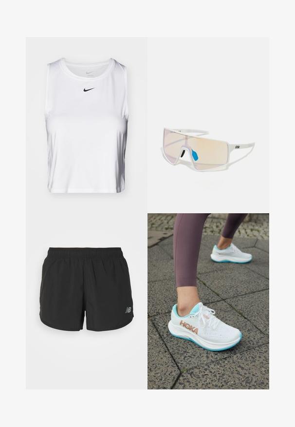 Balta be rankovių sportinė maikutė, pagaminta iš lygaus audinio, su apvaliu kaklu ir mažu juodu Nike logotipu krūtinės srityje.; Juodi sportiniai šortai su elastinga juosmena, pagaminti iš lengvos medžiagos. Kairiajame apatinėje pusėje yra mažas pilkas logotipas.; HOKA RINCON 4 - Bėgimo batai plentui - frost/rose gold; Baltos rėmeliais akiniai nuo saulės su dideliais gradientiniais lęšiais, turinčiais rožinį ir šviesiai oranžinį atspalvį, pabrėžti mėlynos spalvos nosies dalimi ir logotipo detale.