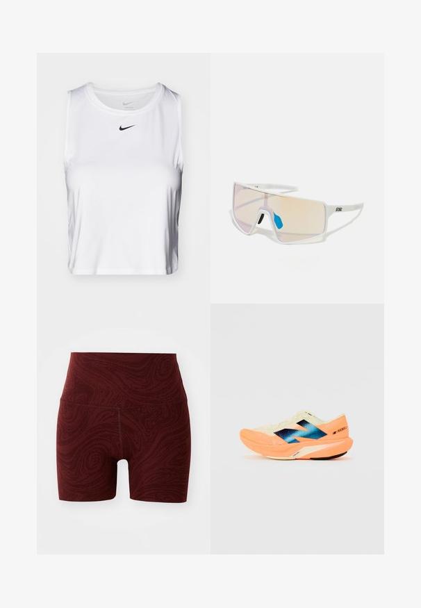 Balts bez piedurknēm sporta krekls, kas izgatavots no gludas auduma, ar apaļu kakla izgriezumu un mazu melnu Nike logo uz krūškurvja.; Sarkanas šortus ar augstu jostu, kas izceļas ar teksturētu dizainu. Izgatavoti no elastīga materiāla, ideāli piemēroti aktīvajai apģērbai.; Skriešanas apavi ar vieglu krēmkrāsas augšdaļu, zilu zīmolu un oranžiem akcents uz zoles. Acu tekstūra gaisa caurlaidībai.; Balti rāmji saulesbrilles ar lieliem, gradienta lēcu toņiem, kas no rozā pakāpeniski pāriet gaisā oranžā krāsā, akcentētas ar zilu deguna daļu un logo detaļu.