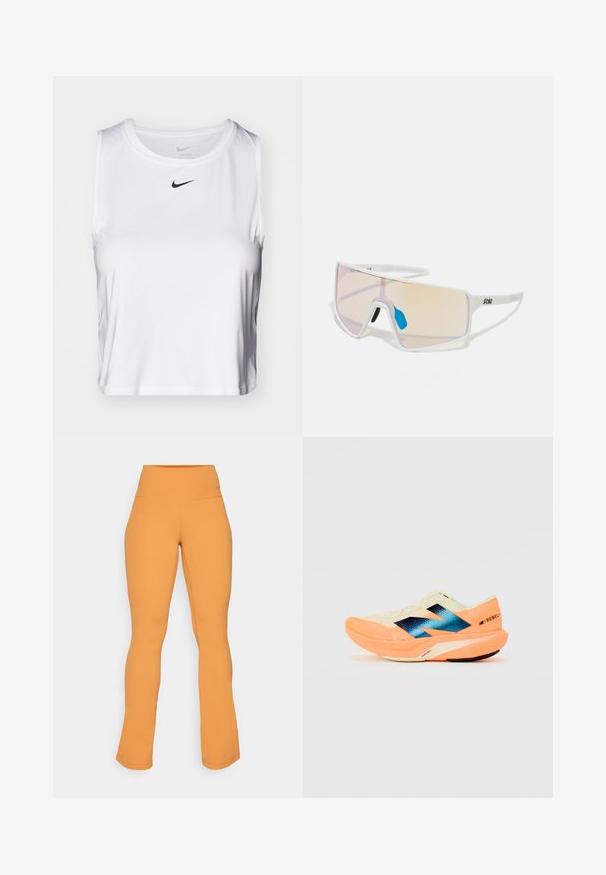 Top atletico senza maniche di colore bianco, realizzato in tessuto liscio, con scollo rotondo e un piccolo logo Nike nero sul petto.; Leggings arancioni a zampa d'elefante con vita alta, realizzati in tessuto elasticizzato. Presentano una texture liscia e un delicato branding in vita.; Scarpa da corsa con una parte superiore leggera color crema, marchio blu e accenti arancioni sulla suola. Tessuto in rete per la traspirabilità.; Occhiali da sole con montatura bianca e grandi lenti sfumate che vanno dal rosa a un arancione chiaro, accentuati da un pezzo nasale blu e dettagli con logo.