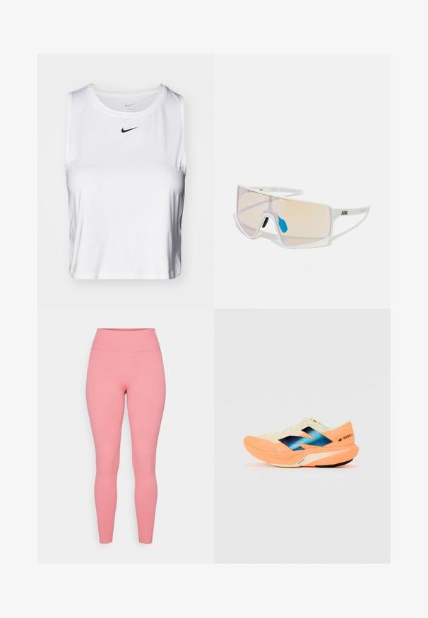 Top athletic alb fără mâneci, realizat dintr-un material neted, cu un decolteu rotund și un mic logo Nike negru pe piept.; Leggings roz cu un model nervurat, cu un talie înaltă, elastică. Textură netedă și design mulat, potrivite pentru îmbrăcăminte sportivă sau casuală.; Adidași de alergare cu un material superior ușor de crem, cu branding albastru și accente portocalii pe talpă. Textură din plasă pentru respirabilitate.; Ochelari de soare cu ramă albă, având lentile mari, cu gradient, ce trec de la roz la portocaliu deschis, accentuați de o piesă nazală albastră și detalii cu logo.