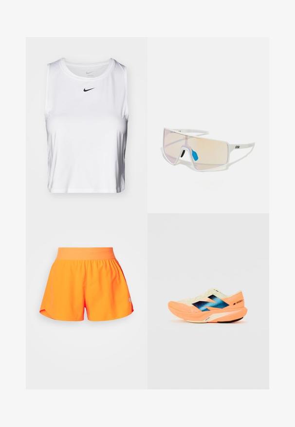 Bijela bezrukava atletska majica napravljena od glatkog materijala, s okruglim izrezom i malim crnim Nike logom na prsima.; Svijetlosmeđi atletski šorts s elastičnom pamučnom trakicom, s opuštenim krojem, bočnim prorezima i malim sivi logotipom u donjem kutu.; Trkaća cipela s laganim krem gornjim dijelom, plavim oznakama i narančastim detaljima na potplatu. Mrežasti tekstur za prozračnost.; Sunglasses s bijelim okvirom i velikim lećama sa gradijentom u nijansama ružičaste do svijetlo narančaste, naglašene plavim dijelom za nos i detaljem loga.
