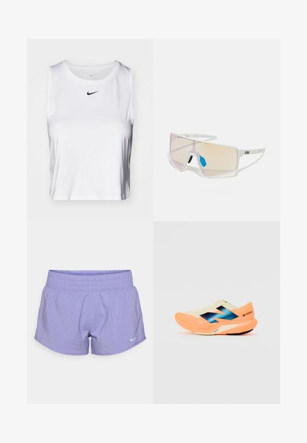 Valge ilma varrukateta sportlik topp, mis on valmistatud siledast kangast, ringikujulise kaelusega ning rinnal on väike must Nike logo.; Lillasest athletic lühikesed püksid elastse vöökohtaga, valmistatud kergest kangast, mille alumisel esiosal on väike valge Nike logo.; Kergjalats kergest kreemjas ülemisest osast, sinise brändingu ja oranžide aktsentidega taldadel. Võrgumaterjal tagab hingavuse.; Valged raamidega päikeseprillid, millel on suured gradiendiklaasid roosa kuni heleda oranži tooniga, mida rõhutab sinine ninatükk ja logo detail.