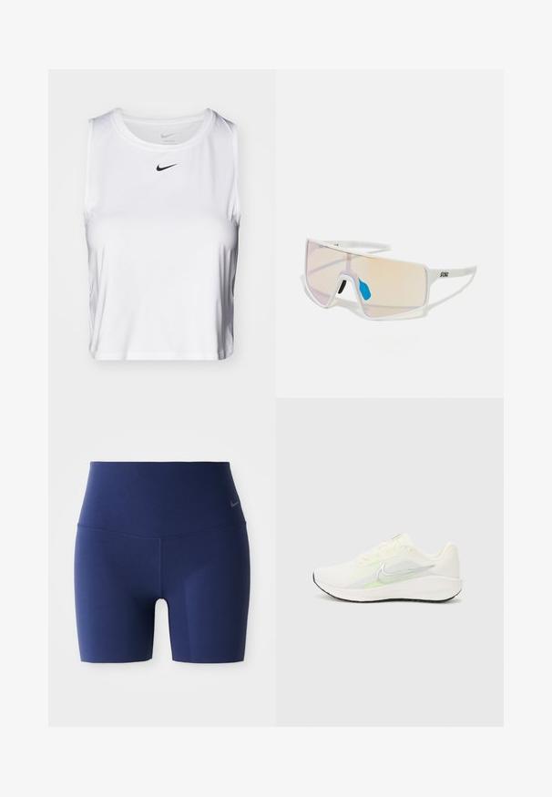 Vit ärmlös träningsskjorta i smidigt tyg, med rund halsringning och en liten svart Nike-logotyp på bröstet.; Marinblå hög midja atletiska shorts tillverkade av stretchigt material. Har en sömlös design och en liten grå logga vid midjan.; Nike Performance DOWNSHIFTER 13 - Väglöparskor - sail/silver-coloured photon dust/summit white/barely volt/black; Vita ramar solglasögon med stora gradientlinser som har en rosa till ljusorange ton, accentuerade av en blå näsdyna och logodetalj.