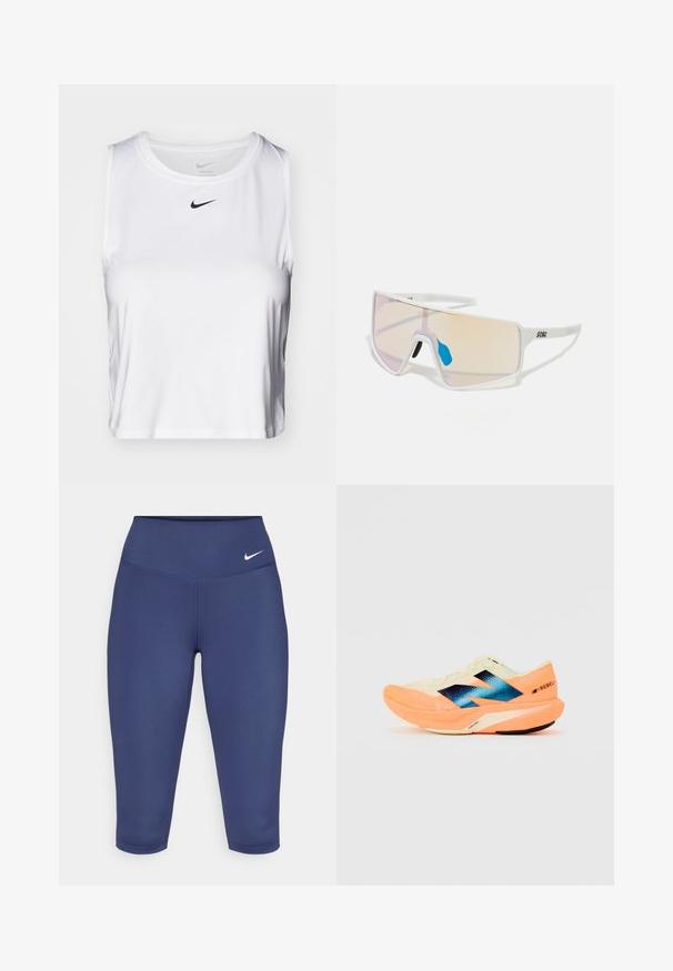 Bela brezrokavna atletska majica iz gladkega materiala, z okroglo ovratnico in majhnim črnim logotipom Nike na prsih.; Mornarsko modre capri leggins hlače iz raztegljive tkanine, z širokim pasom in malim belim logotipom na levi strani. Brez vidnih šivov.; Tekšča za tek z lahkotnim kremnim zgornjim delom, modrim logotipom in oranžnimi poudarki na podplatu. Mrežasta tekstura za zračnost.; Sončne naočale s belim okviru in velikimi, gradientnimi lečami, ki prehajajo iz roza v svetlo oranžno, ter z modrim nosnim delom in logotipom.