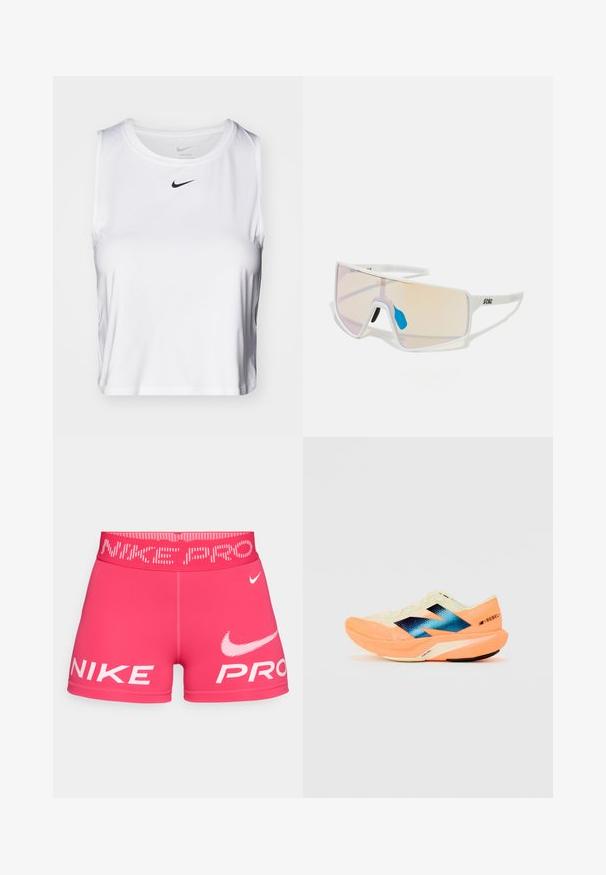 Fehér ujjatlan sporttop sima anyagból, kerek nyakkivágással és egy kicsi fekete Nike logóval a mellkason.; Rózsaszín sportnadrág széles logós derékrésszel. Elöl feltűnő fehér "NIKE" és "PRO" felirat található, sima, rugalmas anyagból készült.; Futócipő könnyű krém színű felsőrésszel, kék márkázással és narancssárga kiemelésekkel a talpon. Hálós textúra a légáteresztőség érdekében.; Fehér keretes napszemüveg nagy, színátmenetes lencsékkel, amelyek rózsaszín és világos narancssárga árnyalatúak. Kék orrdísszel és logóval kiemelve.