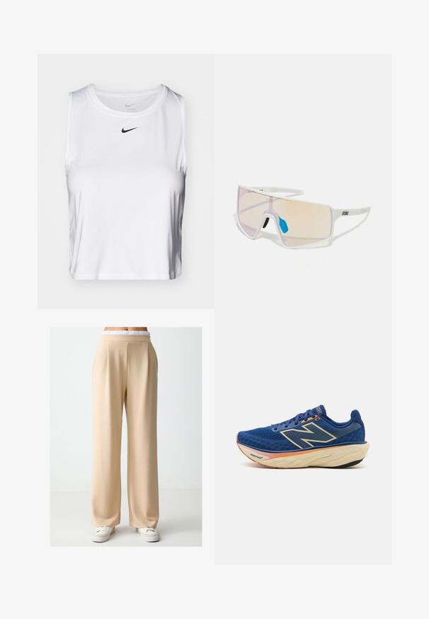 Witte mouwloze sporttop gemaakt van gladde stof, met een ronde halslijn en een klein zwart Nike-logo op de borst.; Beige, wijde broekspijpen gemaakt van gladde stof met een relaxte pasvorm. Kenmerken zijn een zachte, elastische tailleband en subtiele plooien aan de voorkant.; Blauwe hardloopschoen met een ademende bovenkant van mesh, een gevoerd kraagje en een gevoerde zool met een oranje accent. "Fresh Foam" merk zichtbaar.; Witte, omrande zonnebril met grote, gradient glazen die een tint van roze naar lichtoranje hebben, aangevuld met een blauwe neussteun en logo-details.
