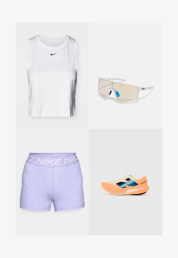 Valkoinen hihaton urheilu toppi, joka on valmistettu sileästä kankaasta. Topissa on pyöreä kaula-aukko ja pieni musta Nike-logo rinnassa.; Vaaleanvioletit Nike Pro -shortsit, joissa on teksturoitu uurretun muotoilun, joustava vyötärönauha, jossa on brändin nimi valkoisena, sekä ommellut reunat.; Juoksukengät, joissa on kevyt kerma värinen päällinen, sininen brändäys ja oranssit yksityiskohdat pohjassa. Verkkotekstuuri hengittävyyttä varten.; Valkoiset kehykset aurinkolasit, joissa on suuret, gradienttilinssit, joissa on vaaleanpunainen ja vaalea oranssi sävy. Lasien yksityiskohtia korostaa sininen nenäosa ja logo.