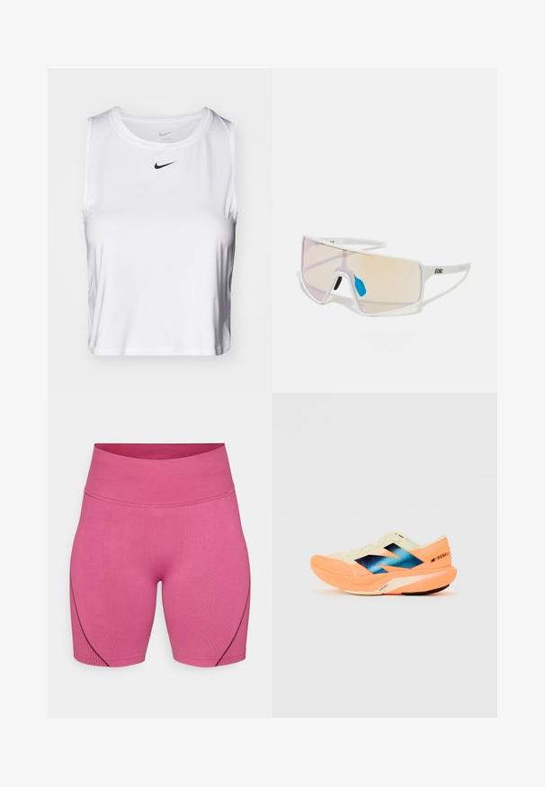 Hvit ærmeløs treningstopp laget av glatt stoff, med rund halslinning og en liten svart Nike-logo på brystet.; Rosa treningsshorts laget av elastisk stoff, med høy midje og subtilt ribbet tekstur, og kontrasterende mørke sømmer på sidene.; Løpesko med en lett kremfarget overdel, blå merkevare og oransje detaljer på sålen. Nettverksstruktur for pusteevne.; Hvitinnrammede solbriller med store gradientlinser som har en rosa til lys oransje nyanse, aksentuert av en blå nesebro og logodetalj.