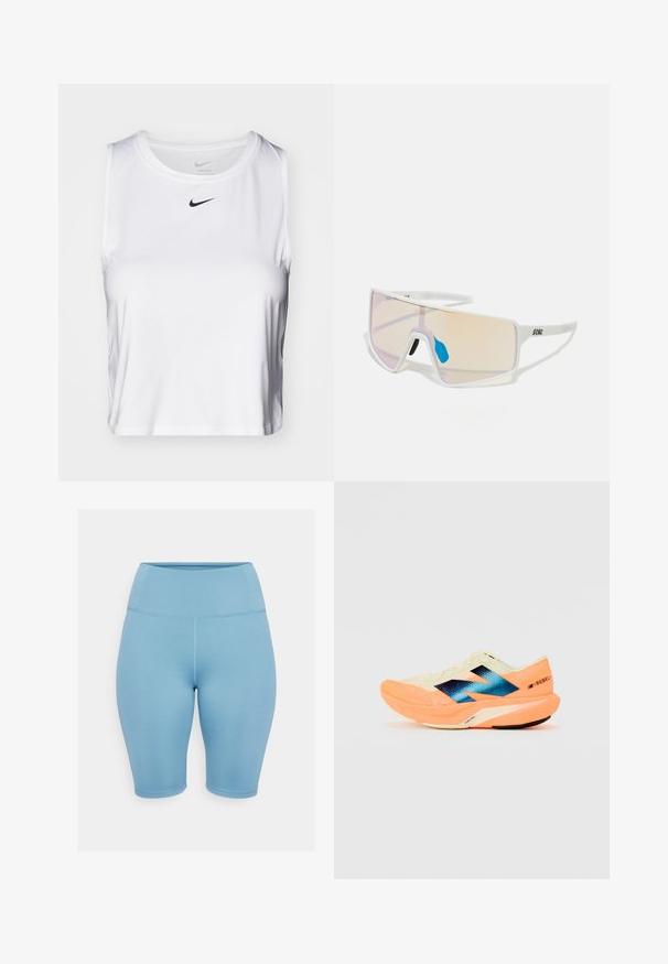 Top atlético branco sem mangas, feito de tecido suave, com decote redondo e um pequeno logotipo preto da Nike no peito.; Bermudas de ciclismo de talle alto em azul claro, feitas de um tecido elástico, com costuras planas e uma textura suave, ideais para vestuário de desporto.; Sapatilha de corrida com um cabedal leve em creme, marcação azul e detalhes laranja na sola. Textura em malha para maior respirabilidade.; Óculos de sol com armação branca e grandes lentes degradê, apresentando um tom que vai do rosa ao laranja claro, realçados por um apoio nasal azul e detalhe do logótipo.