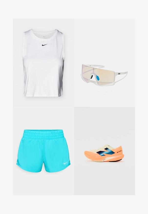 Fehér ujjatlan sporttop sima anyagból, kerek nyakkivágással és egy kicsi fekete Nike logóval a mellkason.; Türkiz sportnadrág elasztikus derékkal és egy kis fehér Nike logóval a jobb alsó oldalon. Sima, könnyű szövet.; Futócipő könnyű krém színű felsőrésszel, kék márkázással és narancssárga kiemelésekkel a talpon. Hálós textúra a légáteresztőség érdekében.; Fehér keretes napszemüveg nagy, színátmenetes lencsékkel, amelyek rózsaszín és világos narancssárga árnyalatúak. Kék orrdísszel és logóval kiemelve.
