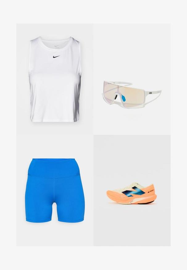White sleeveless athletic top made of smooth fabric, featuring a round neckline and a small black Nike logo on the chest.; Blue athletic shorts made of stretchy, breathable fabric. Features a high waist and seamless design, ideal for comfort and movement.; Running shoe with a lightweight cream upper, blue branding, and orange accents on the sole. Mesh texture for breathability.; White-framed sunglasses with large, gradient lenses featuring a pink to light orange tint, accentuated by a blue nose piece and logo detail.