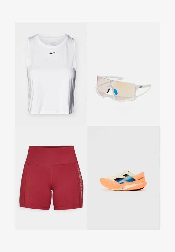 Witte mouwloze sporttop gemaakt van gladde stof, met een ronde halslijn en een klein zwart Nike-logo op de borst.; Rode sportieve shorts van rekbaar materiaal met een hoge tailleband. Beschikt over een witte bedrukte logo en zijaccenten. Glad textuur en aansluitend ontwerp.; Hardloopschoen met een lichtgewicht crèmekleurige bovenkant, blauwe branding en oranje accenten op de zool. Mesh textuur voor ademend vermogen.; Witte, omrande zonnebril met grote, gradient glazen die een tint van roze naar lichtoranje hebben, aangevuld met een blauwe neussteun en logo-details.