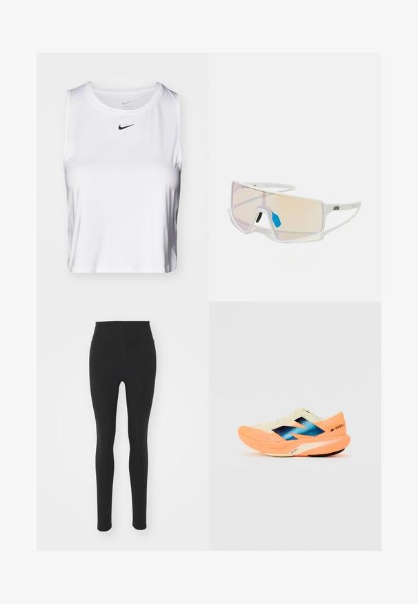 Top atlético branco sem mangas, feito de tecido suave, com decote redondo e um pequeno logotipo preto da Nike no peito.; Leggings pretos de cintura alta feitos de material elástico, com uma textura suave e design ajustado, que se estendem até ao tornozelo sem padrões.; Sapatilha de corrida com um cabedal leve em creme, marcação azul e detalhes laranja na sola. Textura em malha para maior respirabilidade.; Óculos de sol com armação branca e grandes lentes degradê, apresentando um tom que vai do rosa ao laranja claro, realçados por um apoio nasal azul e detalhe do logótipo.