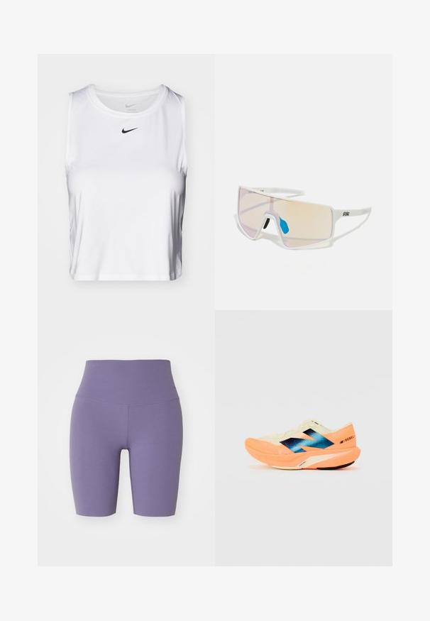 Top atlético branco sem mangas, feito de tecido suave, com decote redondo e um pequeno logotipo preto da Nike no peito.; Nike Performance ZENVY 8IN SHORT - Leggings - daybreak/black; Sapatilha de corrida com um cabedal leve em creme, marcação azul e detalhes laranja na sola. Textura em malha para maior respirabilidade.; Óculos de sol com armação branca e grandes lentes degradê, apresentando um tom que vai do rosa ao laranja claro, realçados por um apoio nasal azul e detalhe do logótipo.