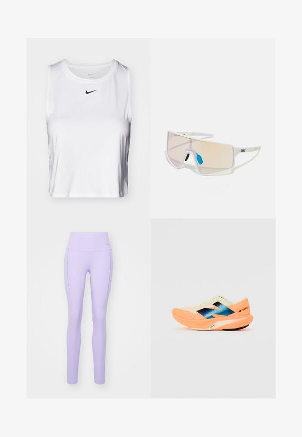 Bílé sportovní tílko bez rukávů vyrobené z hladkého materiálu, s kulatým výstřihem a malým černým logem Nike na hrudi.; Nike Performance UNIVERSA - Punčochy - lilac bloom; Běžecká obuv s lehkým krémovým svrškem, modrým logem a oranžovými detaily na podešvi. Síťovina pro prodyšnost.; Sluneční brýle s bílým rámem a velkými gradientovými skly, která mají přechod od růžové k světlé oranžové barvě, doplněné modrým nosníkem a detailem loga.