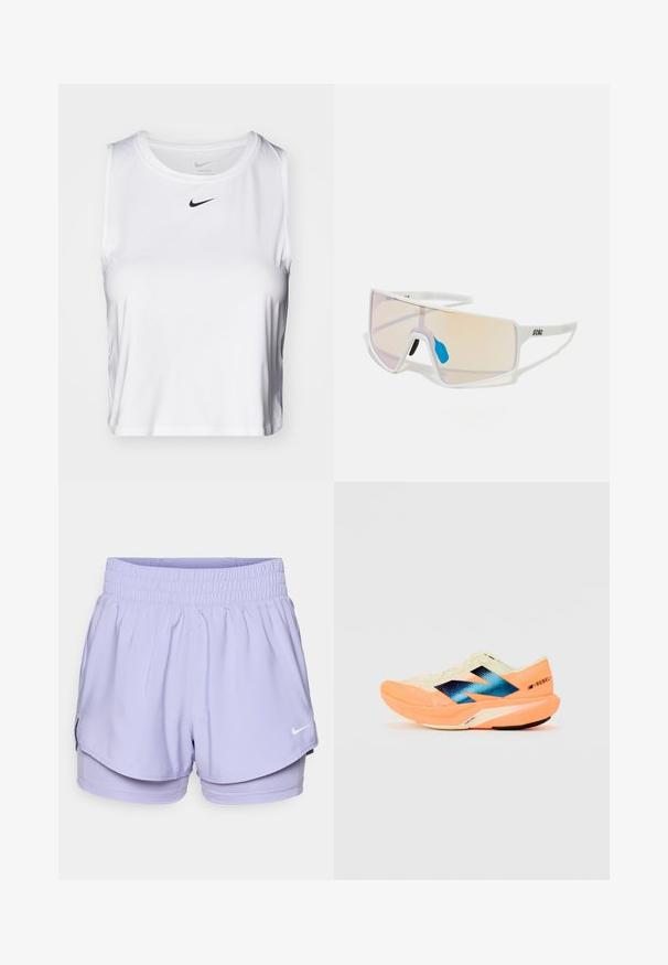 Bela brezrokavna atletska majica iz gladkega materiala, z okroglo ovratnico in majhnim črnim logotipom Nike na prsih.; Lila športna kratka hlače z lahkotno zasnovo, elastičnim pasom in belim Nike logotipom spredaj. Vključujejo notranje hlače za udobje.; Tekšča za tek z lahkotnim kremnim zgornjim delom, modrim logotipom in oranžnimi poudarki na podplatu. Mrežasta tekstura za zračnost.; Sončne naočale s belim okviru in velikimi, gradientnimi lečami, ki prehajajo iz roza v svetlo oranžno, ter z modrim nosnim delom in logotipom.