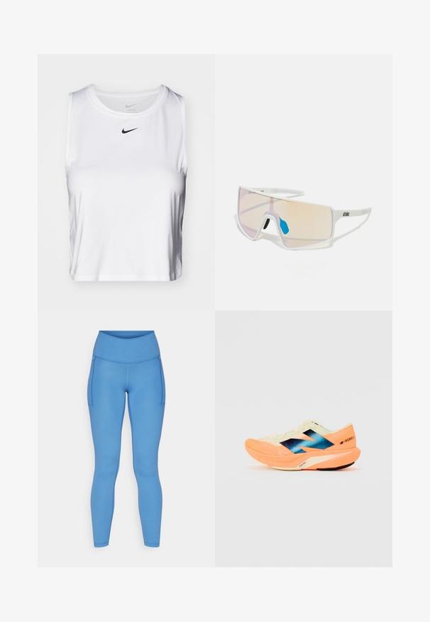 Fehér ujjatlan sporttop sima anyagból, kerek nyakkivágással és egy kicsi fekete Nike logóval a mellkason.; Kék leggings magas derékkal, sima textúrával, oldalsó zsebekkel és testhezálló kialakítással a sportos viselethez.; Futócipő könnyű krém színű felsőrésszel, kék márkázással és narancssárga kiemelésekkel a talpon. Hálós textúra a légáteresztőség érdekében.; Fehér keretes napszemüveg nagy, színátmenetes lencsékkel, amelyek rózsaszín és világos narancssárga árnyalatúak. Kék orrdísszel és logóval kiemelve.