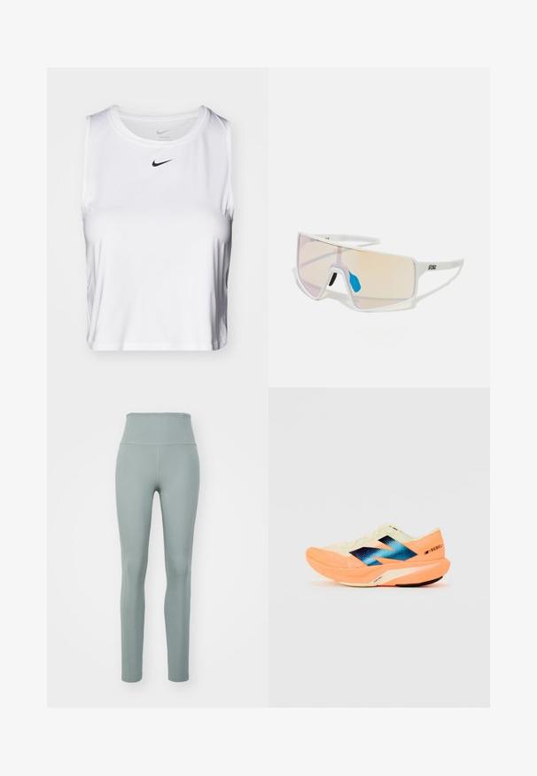 Biała bezrękawnikowa koszulka sportowa z gładkiego materiału, z okrągłym dekoltem i małym czarnym logo Nike na piersi.; Legginsy w wysokim talii w stonowanym zielonym kolorze, wykonane z elastycznego materiału, o gładkiej teksturze i dopasowanym kroju dla wygody.; Buty biegowe z lekką kremową cholewką, niebieskim logo i pomarańczowymi akcentami na podeszwie. Siatkowa tekstura dla lepszej wentylacji.; Białe okulary przeciwsłoneczne w dużej oprawie, z gradientowymi soczewkami w odcieniu różowym do jasnopomarańczowym, podkreślonymi niebieskim noskiem i detalem z logo.