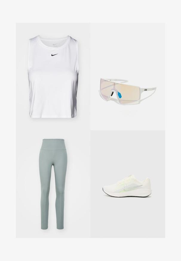 Balta be rankovių sportinė maikutė, pagaminta iš lygaus audinio, su apvaliu kaklu ir mažu juodu Nike logotipu krūtinės srityje.; Aukštai juosmeninės legginsai gerai prisitaikančios melsvai žalios spalvos, pagaminti iš elastingos medžiagos, pasižymintys lygiu paviršiumi ir priglundančiu dizainu, užtikrinančiu komfortą.; Nike Performance DOWNSHIFTER 13 - Bėgimo batai plentui - sail/silver-coloured photon dust/summit white/barely volt/black; Baltos rėmeliais akiniai nuo saulės su dideliais gradientiniais lęšiais, turinčiais rožinį ir šviesiai oranžinį atspalvį, pabrėžti mėlynos spalvos nosies dalimi ir logotipo detale.