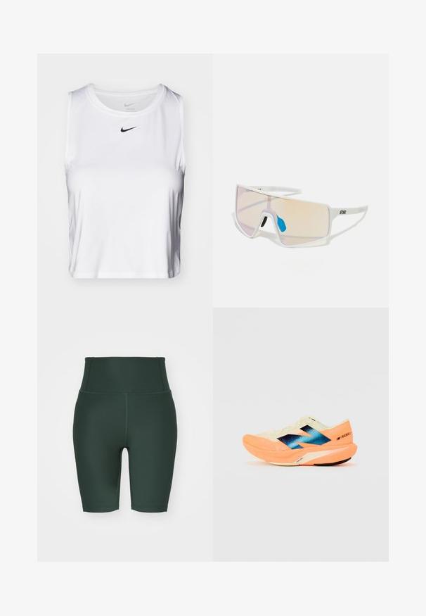 Bela brezrokavna atletska majica iz gladkega materiala, z okroglo ovratnico in majhnim črnim logotipom Nike na prsih.; Hlače za kolesarjenje z visokim pasom v temno zeleni barvi, narejene iz elastičnega materiala. Imajo gladko teksturo, ravne šive in oprijet kroj.; Tekšča za tek z lahkotnim kremnim zgornjim delom, modrim logotipom in oranžnimi poudarki na podplatu. Mrežasta tekstura za zračnost.; Sončne naočale s belim okviru in velikimi, gradientnimi lečami, ki prehajajo iz roza v svetlo oranžno, ter z modrim nosnim delom in logotipom.