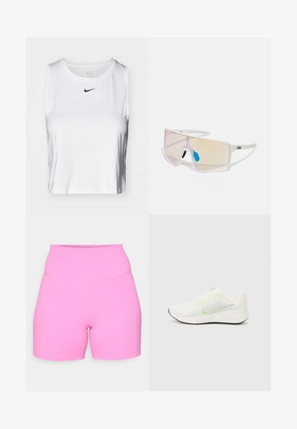 White sleeveless athletic top made of smooth fabric, featuring a round neckline and a small black Nike logo on the chest.; Pink high-waisted shorts made of stretchy fabric, featuring a smooth texture and short leg length, with flat seams for comfort.; Nike Performance DOWNSHIFTER 13 - Road running shoes - sail/silver-coloured photon dust/summit white/barely volt/black; White-framed sunglasses with large, gradient lenses featuring a pink to light orange tint, accentuated by a blue nose piece and logo detail.