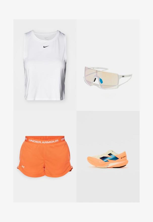 Weißes ärmelloses Sportoberteil aus glattem Stoff, mit Rundhalsausschnitt und kleinem schwarzen Nike-Logo auf der Brust.; Orangene Sportshorts mit gewebter Textur, elastischem Bund und weißen Akzenten an den Seiten. Mit dem "UNDER ARMOUR"-Logo in Weiß.; Laufschuh mit einem leichten cremefarbenen Obermaterial, blauer Markenkennung und orangefarbenen Akzenten an der Sohle. Mesh-Struktur für Atmungsaktivität.; Weiß gerahmte Sonnenbrillen mit großen, verlaufenden Gläsern, die von einem rosa bis hellorange Farbverlauf reichen, akzentuiert durch ein blaues Nasenstück und ein Logo-Detail.