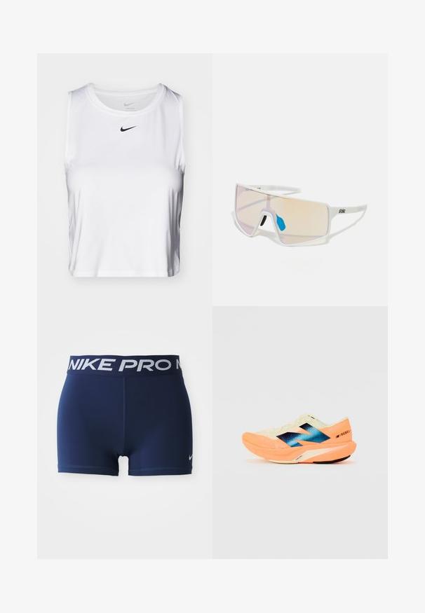 Fehér ujjatlan sporttop sima anyagból, kerek nyakkivágással és egy kicsi fekete Nike logóval a mellkason.; Tengerészkék sportnadrág széles, elasztikus derékpánttal, melyen fehér színnel szerepel a "NIKE PRO" felirat. Simább textúra, lapos varrásokkal és kontrasztáló logóval.; Futócipő könnyű krém színű felsőrésszel, kék márkázással és narancssárga kiemelésekkel a talpon. Hálós textúra a légáteresztőség érdekében.; Fehér keretes napszemüveg nagy, színátmenetes lencsékkel, amelyek rózsaszín és világos narancssárga árnyalatúak. Kék orrdísszel és logóval kiemelve.