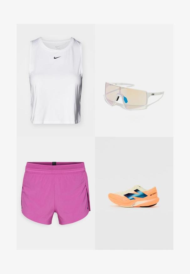 Hvit ærmeløs treningstopp laget av glatt stoff, med rund halslinning og en liten svart Nike-logo på brystet.; Korte rosa treningsshorts med en teksturert mesh livlinje, klippet for bevegelse, med sidespalter og en svart aksentlogo på den ene siden.; Løpesko med en lett kremfarget overdel, blå merkevare og oransje detaljer på sålen. Nettverksstruktur for pusteevne.; Hvitinnrammede solbriller med store gradientlinser som har en rosa til lys oransje nyanse, aksentuert av en blå nesebro og logodetalj.