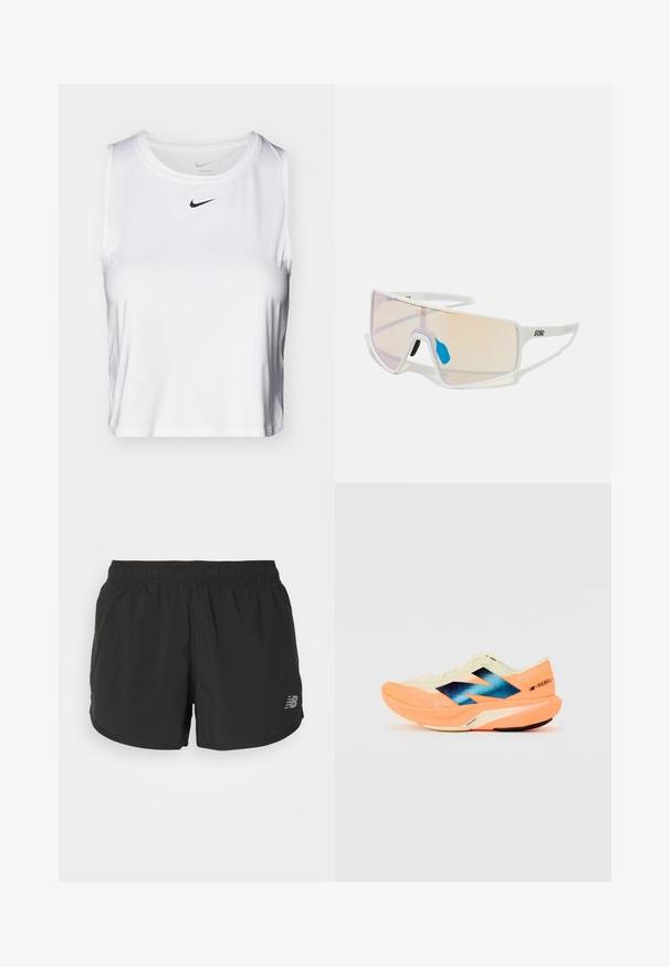 Top deportivo sin mangas blanco, hecho de una tela suave, con un escote redondo y un pequeño logo negro de Nike en el pecho.; Pantalones cortos deportivos negros con cinturilla elástica, hechos de tela ligera. Presenta un pequeño logo gris en la parte inferior derecha.; Zapatilla de running con un upper ligero en color crema, branding azul y acentos naranjas en la suela. Textura de malla para mayor transpirabilidad.; Gafas de sol con marco blanco y lentes grandes en degradado que presentan un tinte de rosa a naranja claro, acentuadas con una pieza nasal azul y un detalle del logo.