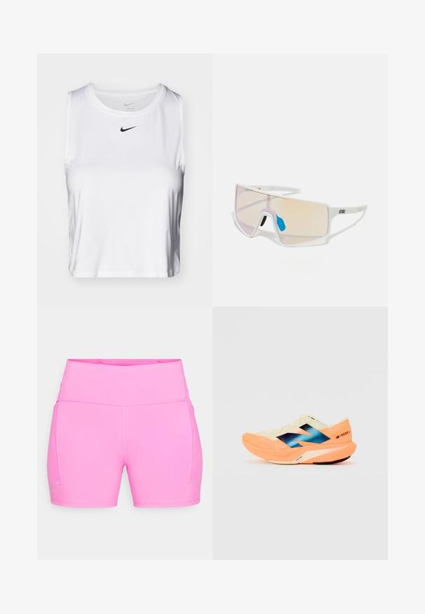 Weißes ärmelloses Sportoberteil aus glattem Stoff, mit Rundhalsausschnitt und kleinem schwarzen Nike-Logo auf der Brust.; Helle pinke, hoch geschnittene Sportshorts mit Flachnähten und kleinen reflektierenden Details entlang des Saums an beiden Beinen.; Laufschuh mit einem leichten cremefarbenen Obermaterial, blauer Markenkennung und orangefarbenen Akzenten an der Sohle. Mesh-Struktur für Atmungsaktivität.; Weiß gerahmte Sonnenbrillen mit großen, verlaufenden Gläsern, die von einem rosa bis hellorange Farbverlauf reichen, akzentuiert durch ein blaues Nasenstück und ein Logo-Detail.