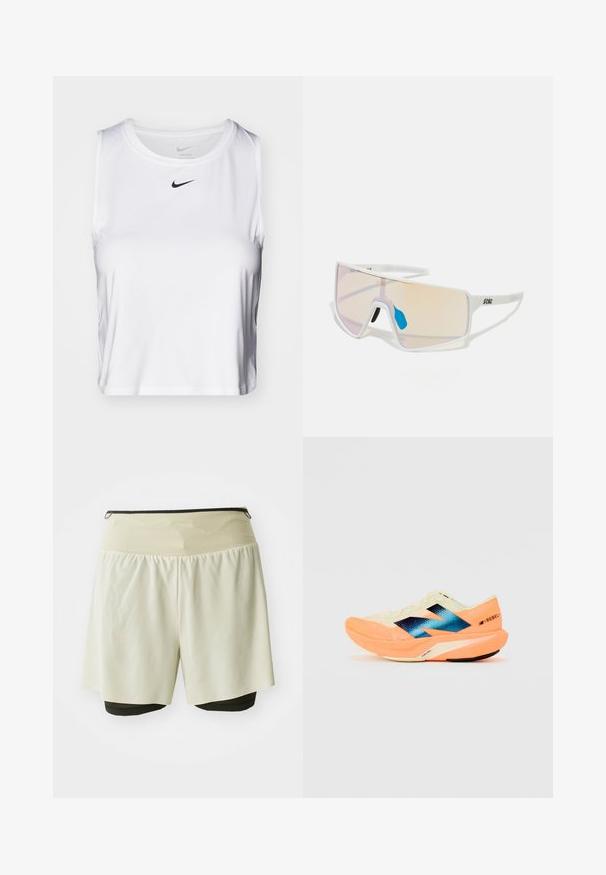 Biela bezrukávová športová blúzka vyrobená z hladkej látky, s okrúhlym výstrihom a malým čiernym logom Nike na hrudi.; Svetlé béžové športové šortky s čiernou vnútornou podšívkou, disponujúce širokým elastickým pásom a voľnou vonkajšou vrstvou pre pohodlie.; Bežecká obuv s ľahkým krémovým zvrškom, modrým brandingom a oranžovými akcentmi na podrážke. Sieťovina pre lepšiu priedušnosť.; Slnečné okuliare s bielym rámom a veľkými gradientovými šošovkami s ružovým až svetlooranžovým tónom, zvýraznené modrým nosníkom a detailom loga.