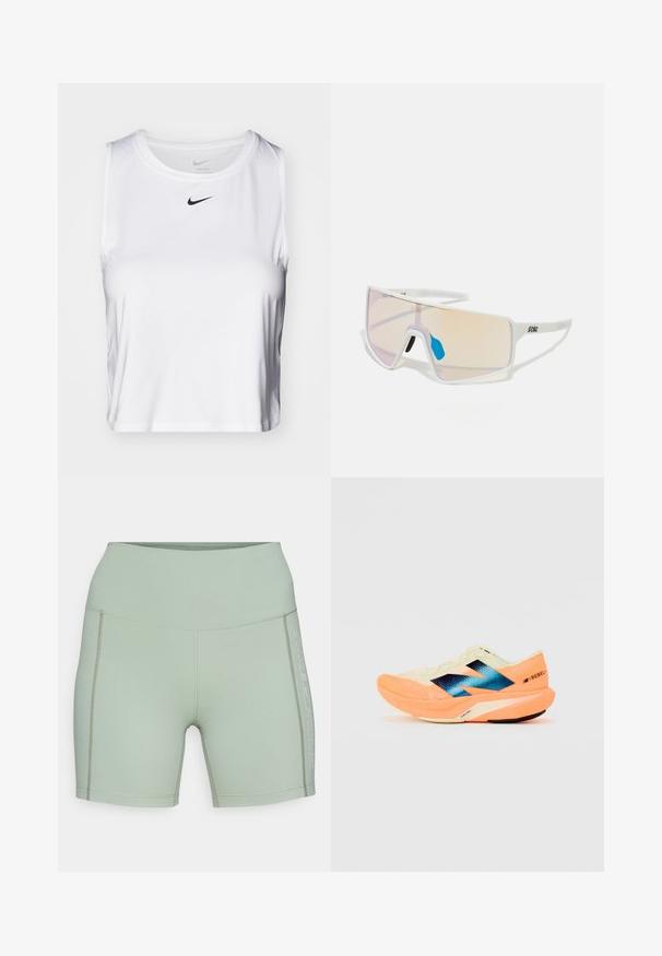 Balta be rankovių sportinė maikutė, pagaminta iš lygaus audinio, su apvaliu kaklu ir mažu juodu Nike logotipu krūtinės srityje.; Šviesiai žali sportiniai šortai, pagaminti iš tamprios medžiagos. Yra aukštas juosmens kraštas ir logotipo detalės šone, su plokščiomis siūlėmis.; Bėgimo bateliai su lengvu kreminiu viršumi, mėlynu ženklinimu ir oranžiniais akcentais ant pado. Tinklelis, užtikrinantis kvėpavimą.; Baltos rėmeliais akiniai nuo saulės su dideliais gradientiniais lęšiais, turinčiais rožinį ir šviesiai oranžinį atspalvį, pabrėžti mėlynos spalvos nosies dalimi ir logotipo detale.