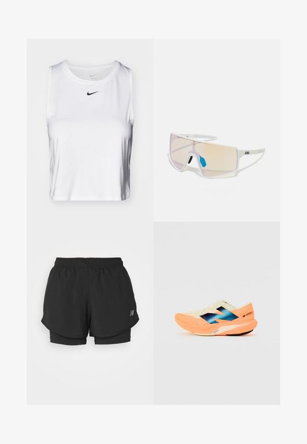 Bijela bezrukava atletska majica napravljena od glatkog materijala, s okruglim izrezom i malim crnim Nike logom na prsima.; Crne atletske kratke hlače s elastičnim pojasom, s višeslojnim dizajnom i unutarnjom podstavom. Tkanina izgleda lagano i glatko.; Trkaća cipela s laganim krem gornjim dijelom, plavim oznakama i narančastim detaljima na potplatu. Mrežasti tekstur za prozračnost.; Sunglasses s bijelim okvirom i velikim lećama sa gradijentom u nijansama ružičaste do svijetlo narančaste, naglašene plavim dijelom za nos i detaljem loga.
