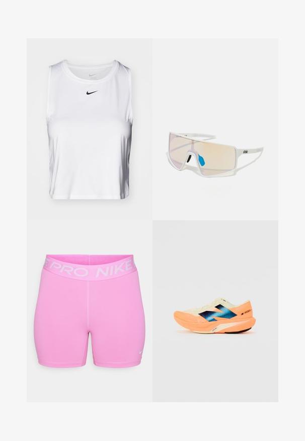 White sleeveless athletic top made of smooth fabric, featuring a round neckline and a small black Nike logo on the chest.; Nike Pro shorts in bright pink, made of smooth synthetic material. Features a wide logo waistband and slim fit design, with contrast stitching.; Running shoe with a lightweight cream upper, blue branding, and orange accents on the sole. Mesh texture for breathability.; White-framed sunglasses with large, gradient lenses featuring a pink to light orange tint, accentuated by a blue nose piece and logo detail.