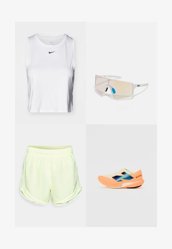 Weißes ärmelloses Sportoberteil aus glattem Stoff, mit Rundhalsausschnitt und kleinem schwarzen Nike-Logo auf der Brust.; Hellgrüne Sportshorts mit elastischem Bund, Netzseitenpartien und einem kleinen weißen Logo auf der unteren linken Seite.; Laufschuh mit einem leichten cremefarbenen Obermaterial, blauer Markenkennung und orangefarbenen Akzenten an der Sohle. Mesh-Struktur für Atmungsaktivität.; Weiß gerahmte Sonnenbrillen mit großen, verlaufenden Gläsern, die von einem rosa bis hellorange Farbverlauf reichen, akzentuiert durch ein blaues Nasenstück und ein Logo-Detail.