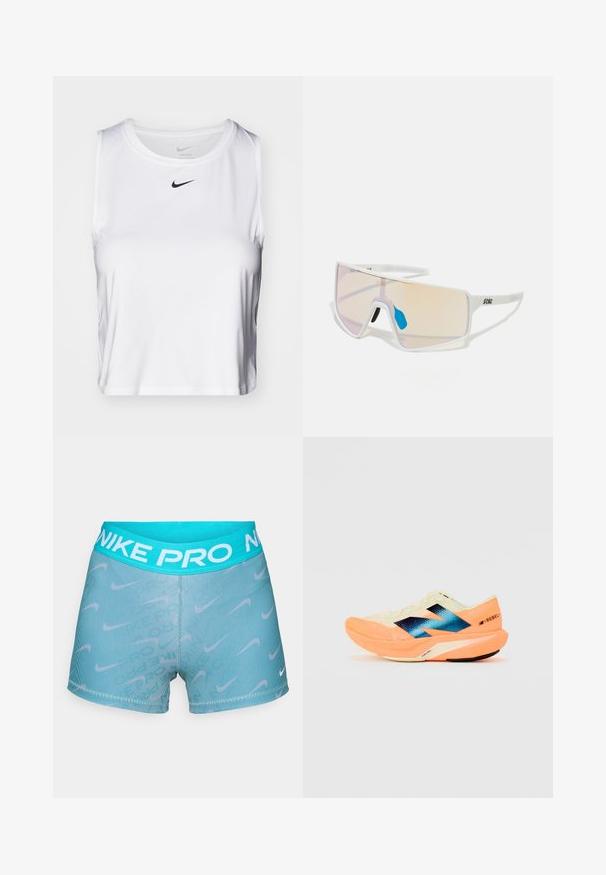Bijela bezrukava atletska majica napravljena od glatkog materijala, s okruglim izrezom i malim crnim Nike logom na prsima.; Tirkizne Nike Pro kratke hlače s rebrastim pojasom. Imaju bijeli Nike logo i suptilne uzorke u tkanini.; Trkaća cipela s laganim krem gornjim dijelom, plavim oznakama i narančastim detaljima na potplatu. Mrežasti tekstur za prozračnost.; Sunglasses s bijelim okvirom i velikim lećama sa gradijentom u nijansama ružičaste do svijetlo narančaste, naglašene plavim dijelom za nos i detaljem loga.