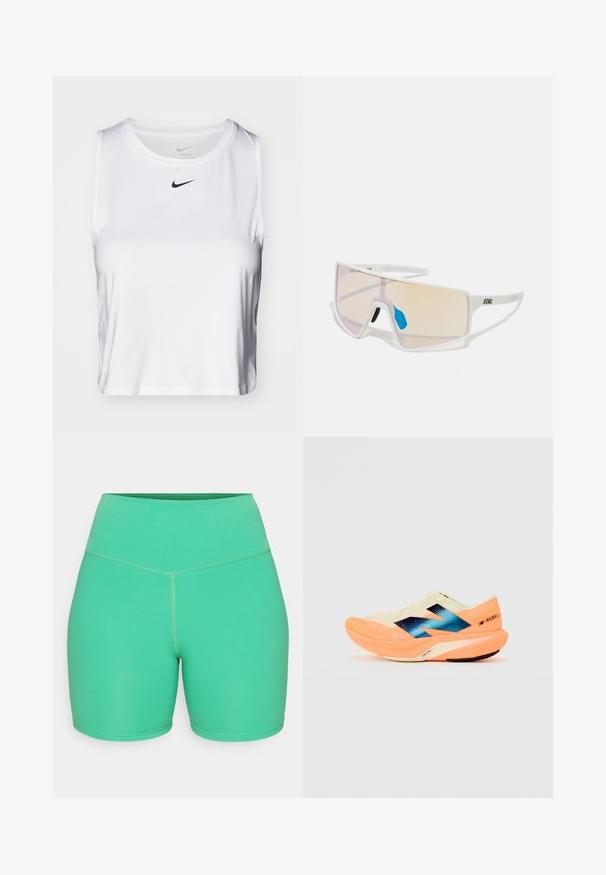 Top athletic alb fără mâneci, realizat dintr-un material neted, cu un decolteu rotund și un mic logo Nike negru pe piept.; Shorts verzi sport cu material elastic, caracterizându-se printr-un talie înaltă, textură netedă și detalii cu cusături contrastante.; Adidași de alergare cu un material superior ușor de crem, cu branding albastru și accente portocalii pe talpă. Textură din plasă pentru respirabilitate.; Ochelari de soare cu ramă albă, având lentile mari, cu gradient, ce trec de la roz la portocaliu deschis, accentuați de o piesă nazală albastră și detalii cu logo.