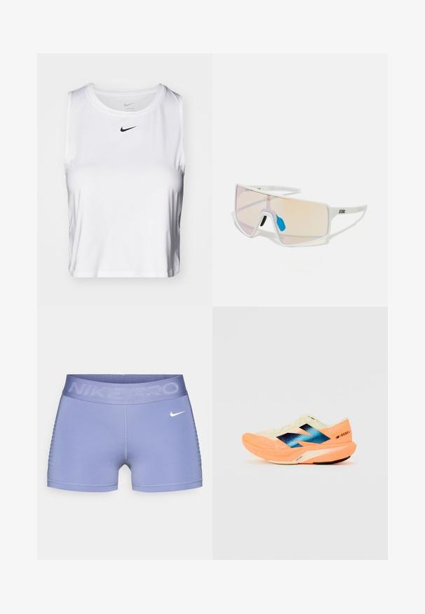 Bijela bezrukava atletska majica napravljena od glatkog materijala, s okruglim izrezom i malim crnim Nike logom na prsima.; Nike Pro kompresijske kratke hlače u svijetloplavoj boji, sa širokim pojasom s natpisom "NIKE PRO", glatkom teksturom i uzorcima na bočnim stranama.; Trkaća cipela s laganim krem gornjim dijelom, plavim oznakama i narančastim detaljima na potplatu. Mrežasti tekstur za prozračnost.; Sunglasses s bijelim okvirom i velikim lećama sa gradijentom u nijansama ružičaste do svijetlo narančaste, naglašene plavim dijelom za nos i detaljem loga.