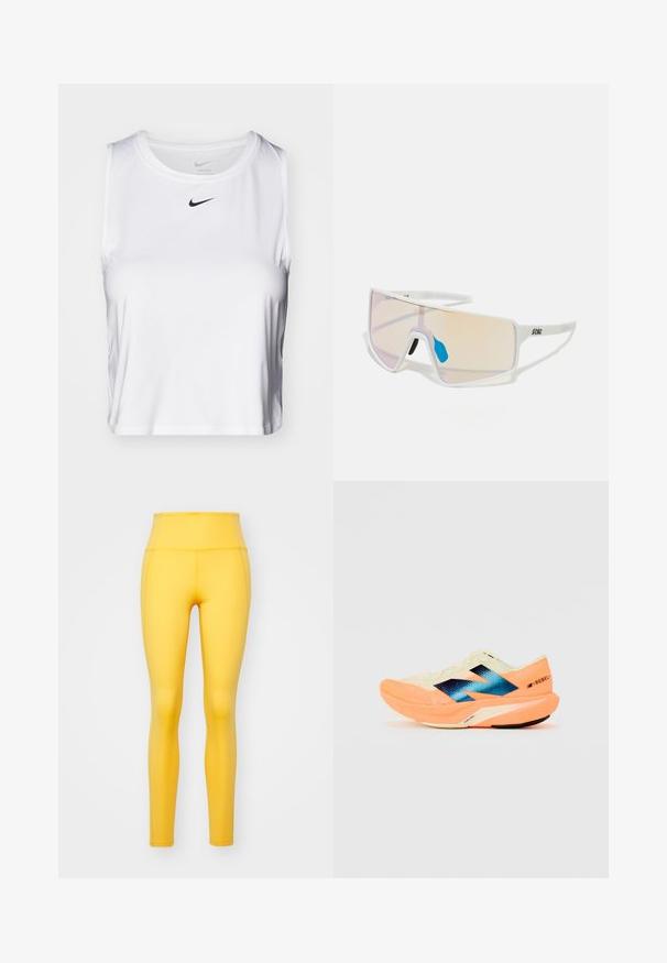 Bílé sportovní tílko bez rukávů vyrobené z hladkého materiálu, s kulatým výstřihem a malým černým logem Nike na hrudi.; Girlfriend Collective COMPRESSIVE HIGH RISE LEGGING LONG - Punčochy - golden glow; Běžecká obuv s lehkým krémovým svrškem, modrým logem a oranžovými detaily na podešvi. Síťovina pro prodyšnost.; Sluneční brýle s bílým rámem a velkými gradientovými skly, která mají přechod od růžové k světlé oranžové barvě, doplněné modrým nosníkem a detailem loga.