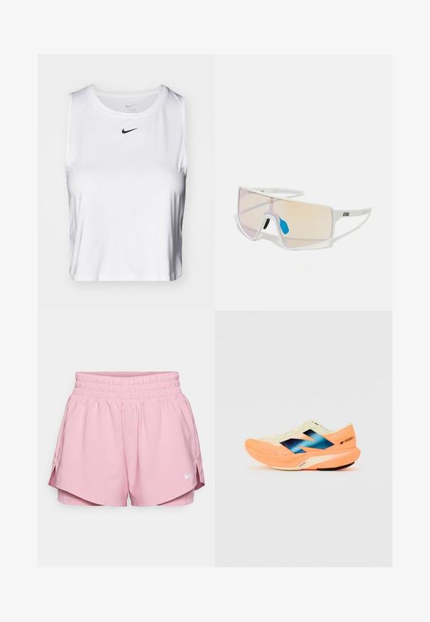 Bílé sportovní tílko bez rukávů vyrobené z hladkého materiálu, s kulatým výstřihem a malým černým logem Nike na hrudi.; Nike Performance ONE SHORT - Sportovní kraťasy - elemental pink/reflective silver; Běžecká obuv s lehkým krémovým svrškem, modrým logem a oranžovými detaily na podešvi. Síťovina pro prodyšnost.; Sluneční brýle s bílým rámem a velkými gradientovými skly, která mají přechod od růžové k světlé oranžové barvě, doplněné modrým nosníkem a detailem loga.