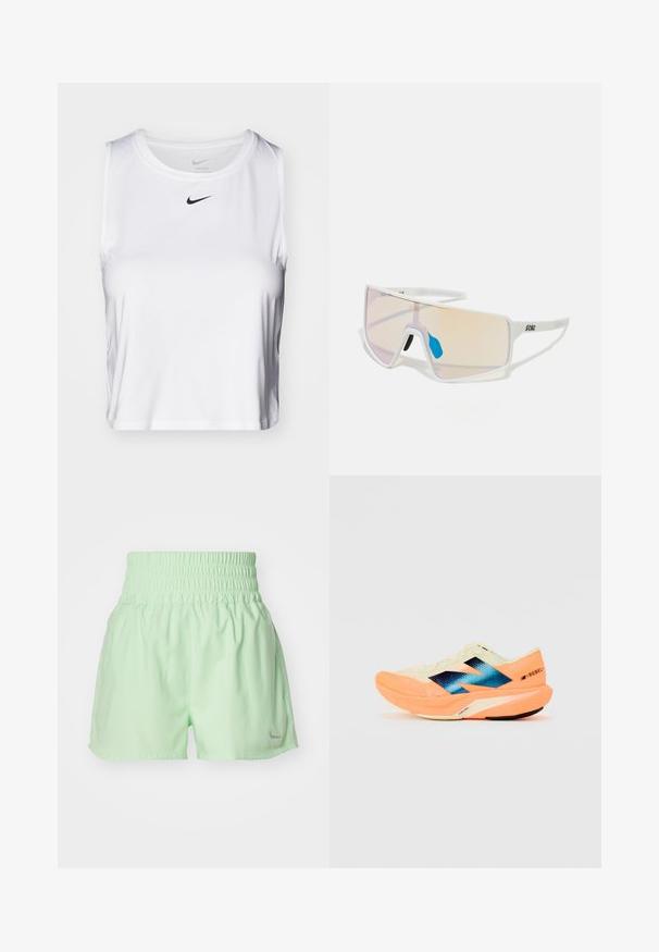Valge ilma varrukateta sportlik topp, mis on valmistatud siledast kangast, ringikujulise kaelusega ning rinnal on väike must Nike logo.; Nike Performance ONE - Spordišortsid - vapor green; Kergjalats kergest kreemjas ülemisest osast, sinise brändingu ja oranžide aktsentidega taldadel. Võrgumaterjal tagab hingavuse.; Valged raamidega päikeseprillid, millel on suured gradiendiklaasid roosa kuni heleda oranži tooniga, mida rõhutab sinine ninatükk ja logo detail.