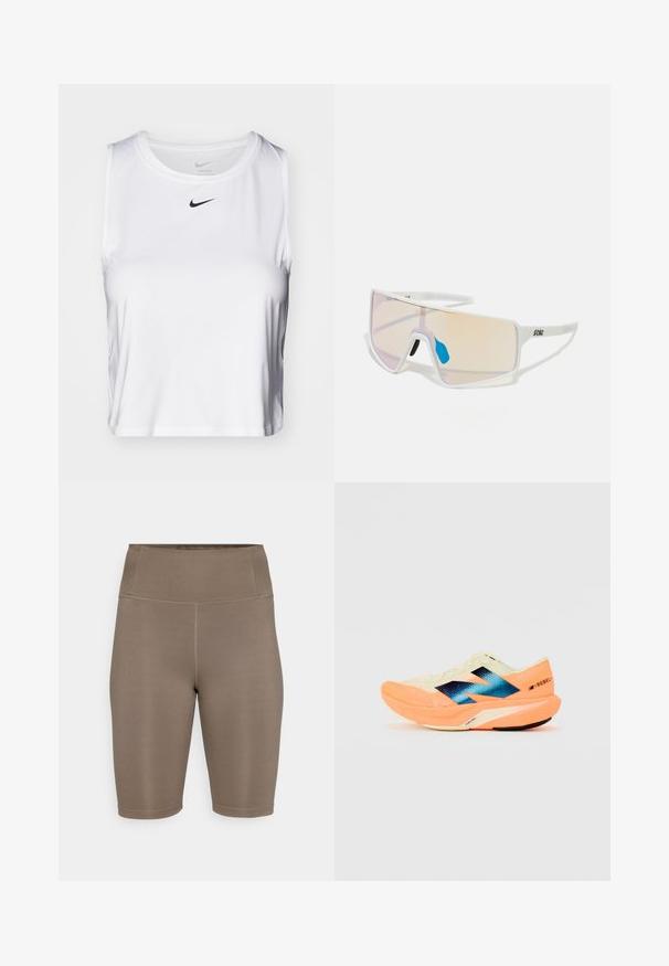Vit ärmlös träningsskjorta i smidigt tyg, med rund halsringning och en liten svart Nike-logotyp på bröstet.; Bruna cykelshorts gjorda av stretchigt tyg med hög midja. Har en mjuk yta och plana sömmar för komfort. Inga synliga logotyper eller mönster.; Löparskor med ett lätt krämfärgat ovanskor, blå varumärkeslogga och orange detaljer på sulan. Nättextur för andningsförmåga.; Vita ramar solglasögon med stora gradientlinser som har en rosa till ljusorange ton, accentuerade av en blå näsdyna och logodetalj.