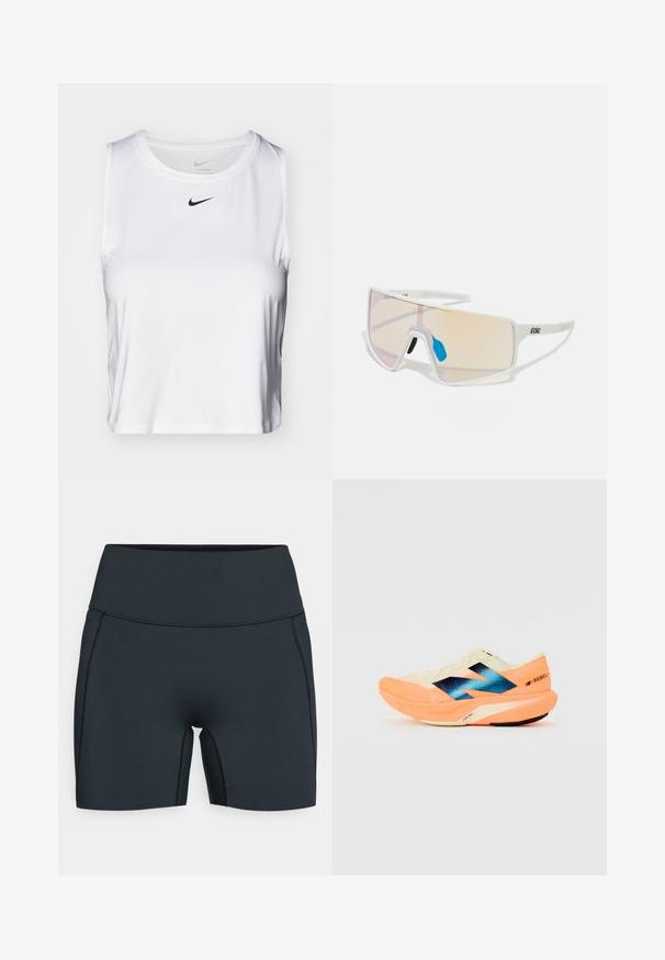 White sleeveless athletic top made of smooth fabric, featuring a round neckline and a small black Nike logo on the chest.; Black athletic shorts made of stretchy fabric, featuring a high waistband, side seams, and a sleek design for comfort and mobility.; Running shoe with a lightweight cream upper, blue branding, and orange accents on the sole. Mesh texture for breathability.; White-framed sunglasses with large, gradient lenses featuring a pink to light orange tint, accentuated by a blue nose piece and logo detail.