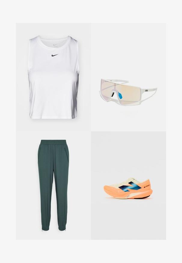 Weißes ärmelloses Sportoberteil aus glattem Stoff, mit Rundhalsausschnitt und kleinem schwarzen Nike-Logo auf der Brust.; Dunkelgrüne Jogginghosen aus weichem Material, mit elastischem Bund, Reißverschluss-Seitentaschen und elastischen Bündchen.; Laufschuh mit einem leichten cremefarbenen Obermaterial, blauer Markenkennung und orangefarbenen Akzenten an der Sohle. Mesh-Struktur für Atmungsaktivität.; Weiß gerahmte Sonnenbrillen mit großen, verlaufenden Gläsern, die von einem rosa bis hellorange Farbverlauf reichen, akzentuiert durch ein blaues Nasenstück und ein Logo-Detail.