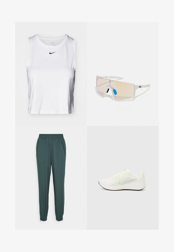 Weißes ärmelloses Sportoberteil aus glattem Stoff, mit Rundhalsausschnitt und kleinem schwarzen Nike-Logo auf der Brust.; Dunkelgrüne Jogginghosen aus weichem Material, mit elastischem Bund, Reißverschluss-Seitentaschen und elastischen Bündchen.; Nike Performance DOWNSHIFTER 13 - Laufschuh Straße - sail/silver-coloured photon dust/summit white/barely volt/black; Weiß gerahmte Sonnenbrillen mit großen, verlaufenden Gläsern, die von einem rosa bis hellorange Farbverlauf reichen, akzentuiert durch ein blaues Nasenstück und ein Logo-Detail.