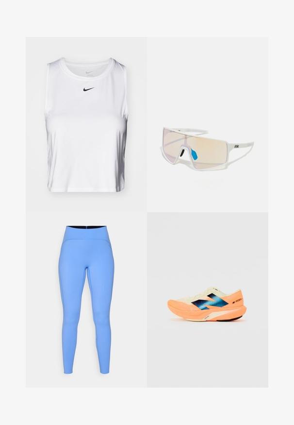 Fehér ujjatlan sporttop sima anyagból, kerek nyakkivágással és egy kicsi fekete Nike logóval a mellkason.; Kék leggings rugalmas anyagból, magas derékkal, sima textúrával és kontrasztos varrással az oldalakon.; Futócipő könnyű krém színű felsőrésszel, kék márkázással és narancssárga kiemelésekkel a talpon. Hálós textúra a légáteresztőség érdekében.; Fehér keretes napszemüveg nagy, színátmenetes lencsékkel, amelyek rózsaszín és világos narancssárga árnyalatúak. Kék orrdísszel és logóval kiemelve.
